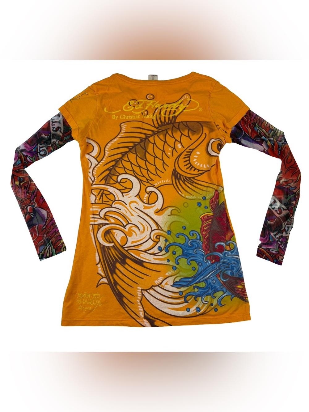 ED HARDY TATTOO SHEER MESH SLEEVE~KOI FISH~YELLOW COTTON SHIRT TOP USA Small - Picture 2 of 9